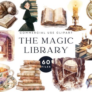 Clipart de la Biblioteca Mágica / Arte en acuarela para uso comercial / Scrapbooking, Arte mural, Sublimación, Collage, Revistas / Ilustración de fantasía