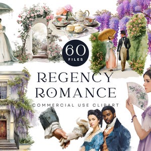 Regency Romance Clipart Set, Jane Austen Aesthetic PNG, Period Couple, Vintage Teacups, Gowns, Architecture, Bridgerton Aesthetic