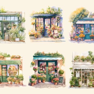 Pu&ograve; includere: Sei illustrazioni ad acquerello di negozi di fiori con tende verdi e esposizioni floreali. Ogni negozio ha un design unico e presenta una variet&agrave; di fiori in diversi colori.