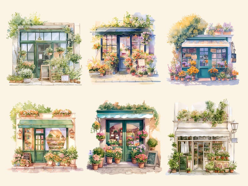 Pu&ograve; includere: Sei illustrazioni ad acquerello di negozi di fiori con tende verdi e esposizioni floreali. Ogni negozio ha un design unico e presenta una variet&agrave; di fiori in diversi colori.