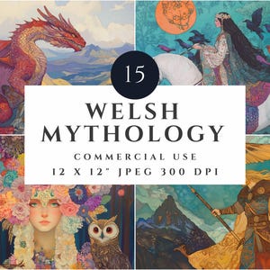 Puede incluir: Un conjunto de 15 ilustraciones digitales que representan la mitología galesa. Las imágenes presentan un dragón rojo, una mujer montando un caballo blanco, una mujer con flores en el pelo y una mujer con una lanza y un escudo. Las imágenes miden 30,48 cm por 30,48 cm y tienen una resolución de 300 DPI. Estas imágenes son para uso comercial.