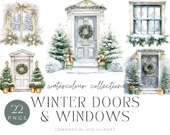Winter Doors and Windows Watercolor Clipart | Festive Holiday PNG (Digital Download)