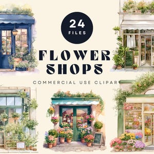 フラワーショップのクリップアート バンドル、ビンテージの店頭イラスト、フラワーショップの装飾、水彩植物 PNG、コテージコア、花屋