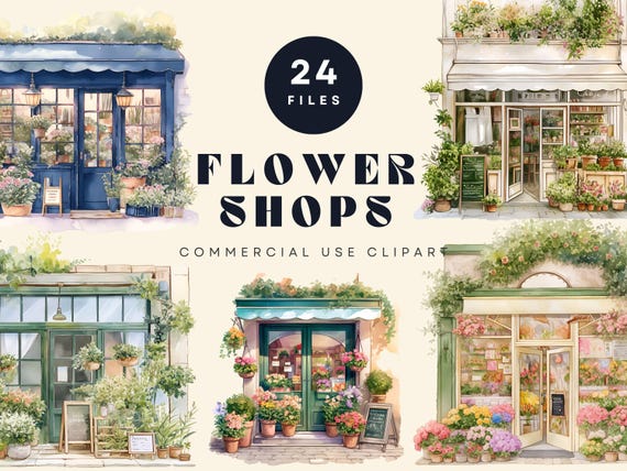 Watercolor Flower Shop Clipart, Botanical Storefront PNGs (Digital Download)