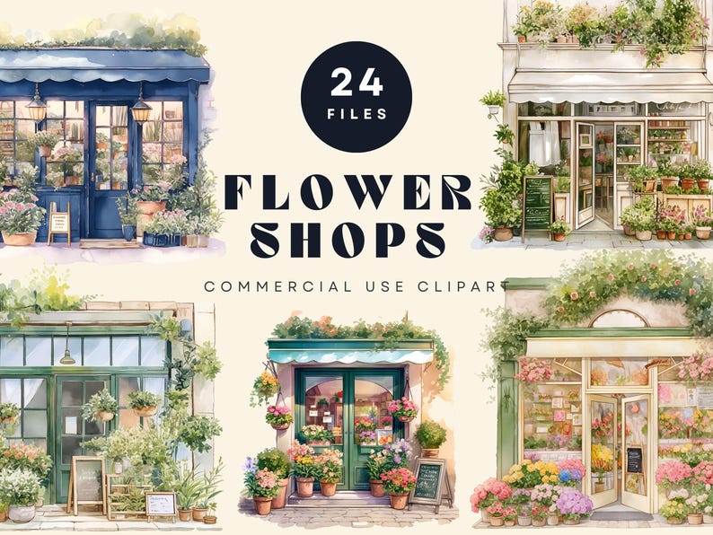 A collection of watercolor clipart featuring vintage flower shop storefronts filled with potted plants, flowers, and cozy decor in soft, botanical tones