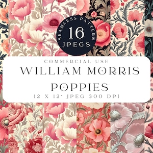 William Morris Pink Poppies – Nahtlose Muster, florale Mohnblumen, Vintage Digital Papier, 30x30 cm JPEGs, Scrapbooking & Kunsthandwerk