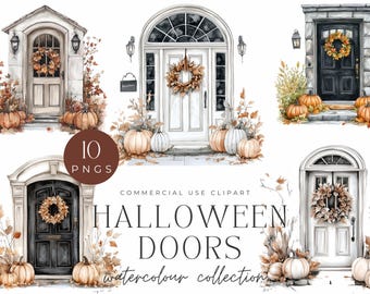 Könnte beinhalten: Ein Set mit 10 Aquarell-Illustrationen von Halloween-Türen mit Kränzen, Kürbissen und Herbstlaub. Die Türen sind in verschiedenen Stilen, darunter weiß, schwarz und Holz. Die Illustrationen sind perfekt zum Erstellen von Halloween-Karten, Einladungen und Dekorationen.