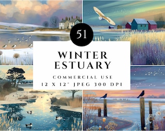 Winter Estuary Illustrations, Winter Wildlife Landscapes (JPEG 12x12", Digital Download)