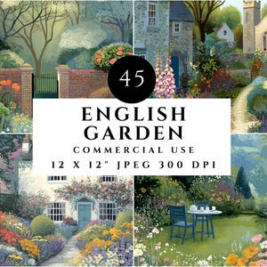 Preview of an English garden clipart bundle with 45 unique floral landscape illustrations in a soft painterly style. Images show blooming cottage gardens, winding stone paths, village homes, churches, benches, fountains, rose arches, greenhouses, ponds, wildflowers, and lush botanical borders in pastel pink, lavender, blue, yellow, coral, and green tones. Square JPEG artwork for digital design, scrapbooking, invitations, branding, journal pages, and commercial use projects.