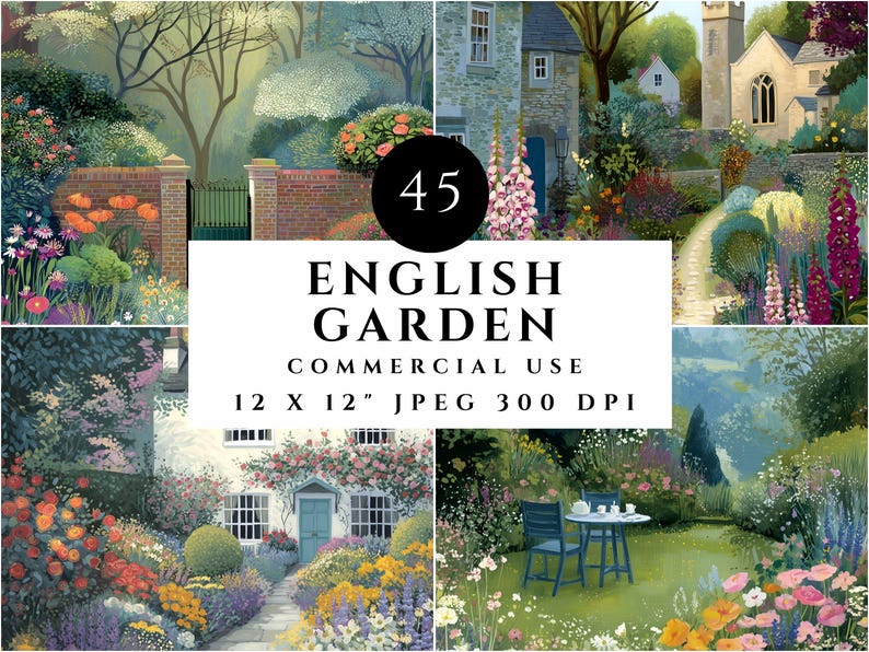 Preview of an English garden clipart bundle with 45 unique floral landscape illustrations in a soft painterly style. Images show blooming cottage gardens, winding stone paths, village homes, churches, benches, fountains, rose arches, greenhouses, ponds, wildflowers, and lush botanical borders in pastel pink, lavender, blue, yellow, coral, and green tones. Square JPEG artwork for digital design, scrapbooking, invitations, branding, journal pages, and commercial use projects.