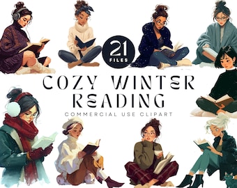 Cozy Winter Reading Girl Clipart, Bookish Hygge Illustrations (Digital Download)