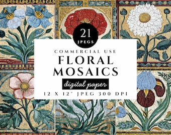 Vintage Floral Mosaic Digital Paper | Art Nouveau Tile Pattern | Botanical Background
