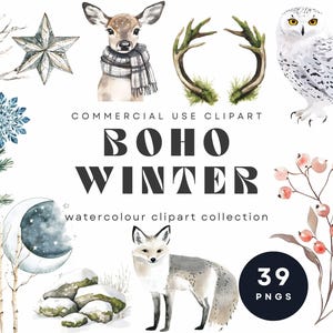 Clipart aquarelle hiver bohème, graphismes de Noël boisés rustiques, harfang des neiges, cerf, renard, bois, éléments de la nature hiver