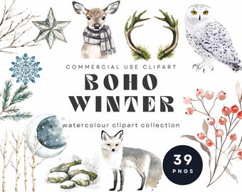 Boho Winter Watercolor Clipart, Rustic Woodland Animals (PNG)