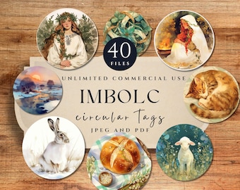 Imbolc Circular Tags  | Pagan Seasonal Art | Round Digital Stickers