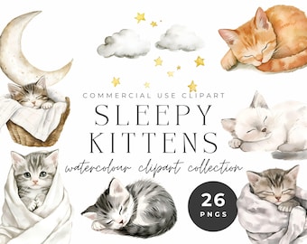 Watercolor Sleepy Kittens Clipart – 26 PNGs, Nursery Art (Digital Download)