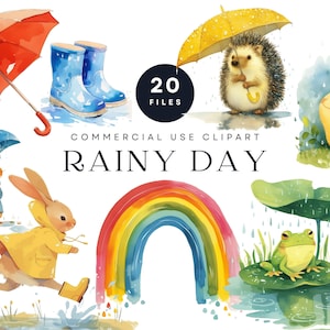 Conjunto de clipart de animais para dias chuvosos, criaturas fofas da floresta com guarda-chuvas PNG, botas de chuva em aquarela e arte em arco-íris, uso comercial