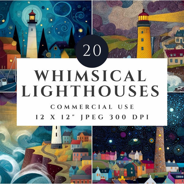 Whimsical Lighthouse Art | Coastal Landscape Illustrations (Digital Download)