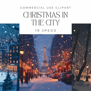 Clipart di Natale in città, illustrazioni di vacanze urbane invernali, scene notturne festive, mercatino di Natale, grafica di biglietti di auguri natalizi