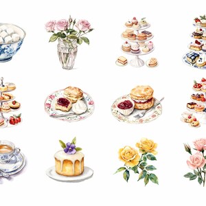 May include: A watercolor illustration of a tea party with various pastries, cakes, scones, and flowers. The illustration features a teacup, sugar cubes, and a three-tiered cake stand with a variety of desserts.