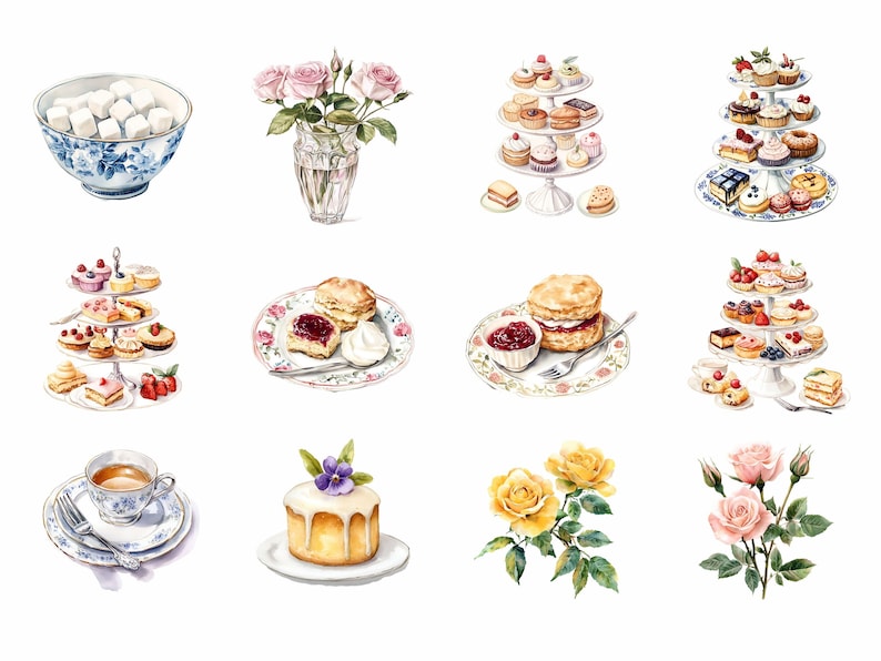 May include: A watercolor illustration of a tea party with various pastries, cakes, scones, and flowers. The illustration features a teacup, sugar cubes, and a three-tiered cake stand with a variety of desserts.