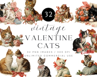 May include: A collection of vintage-style illustrations featuring cats with Valentine's Day themes. The images showcase cats adorned with ribbons, flowers, and hearts, with the text "Vintage Valentine Cats" and "32 PNG Images / 300 DPI".