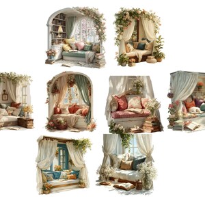 May include: Watercolor illustrations of cozy reading nooks. Each scene features a cushioned bench or daybed adorned with pillows, draped with sheer curtains, and decorated with flowers. Some include bookshelves, books, and plants, creating a relaxing atmosphere.