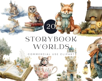 May include: Watercolor illustrations featuring storybook characters and scenes. An owl sits atop books, a fox holds a lantern, and a rabbit carries luggage. The image includes a castle, a teacup with a mouse, and the text "STORYBOOK WORLDS".