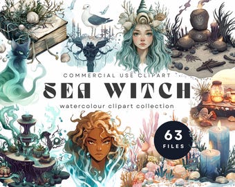 Watercolor Sea Witch Clipart Bundle, Coastal Fantasy Graphics (Digital Download)
