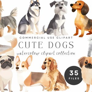 Colección de imágenes prediseñadas de perros en acuarela, perros lindos, ilustraciones de cachorros, arte para amantes de los perros, imágenes prediseñadas para uso comercial, álbumes de recortes, invitaciones