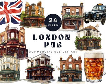 London Pub Clipart Bundle, British Pub, Vintage Watercolor English Illustrations, Digital Art, Destination and Travel Art