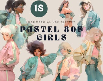 Pastel 80s Girls Clipart – Retro Fashion PNG (Digital Download)