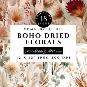 Papier numérique sans couture floral séché bohème, arrière-plans neutres de fleurs d'automne, motifs floraux d'automne rustiques pour le scrapbooking et le design