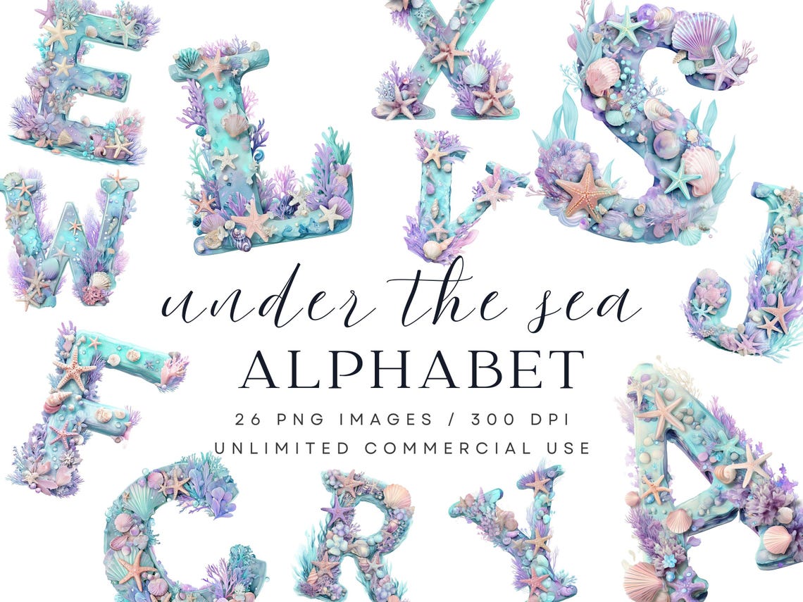 Watercolor Under the Sea Alphabet Clipart, Ocean Letters (PNG Digital ...