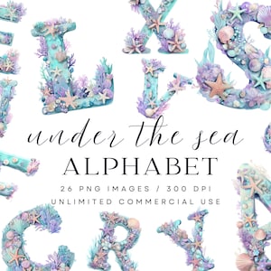 Sous la mer des cliparts alphabet, sirène océan lettres PNG, typographie coquillage coquillage, lettres numériques fantaisie, usage Commercial