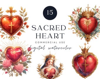 Clipart Najświętszego Serca, Akwarele katolickie, Grafika chrześcijańska (Pobieranie cyfrowe)