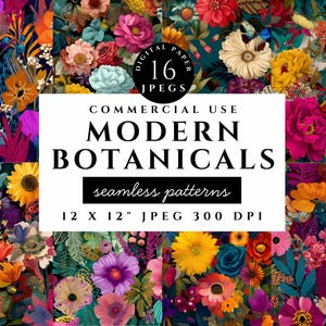May include: A set of 16 digital paper patterns featuring modern botanical designs. The patterns are seamless and come in a variety of colours, including pink, purple, yellow, and green. The patterns are 12 inches by 12 inches and have a resolution of 300 DPI.