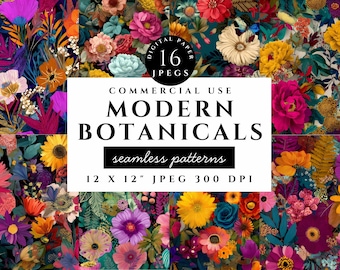 Botanical Digital Paper, Floral Seamless Patterns (12x12" JPEG)