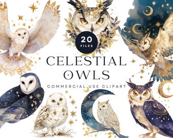 Celestial Owl Clipart Bundle, Watercolor Moon & Stars PNG (Digital Download)