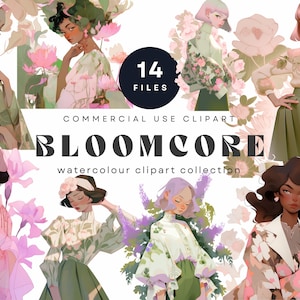 Collection de cliparts aquarelle esthétique Bloomcore, filles mode florales botaniques, illustrations cottagecore, art numérique pour un usage commercial