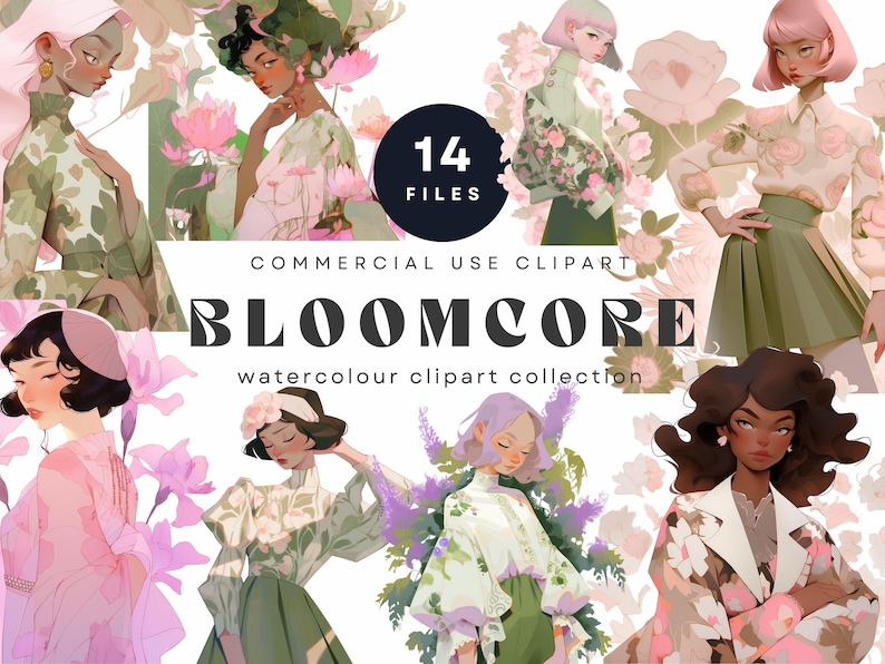 Bloomcore Watercolor Clipart, Floral Fashion Girls Illustrations ...