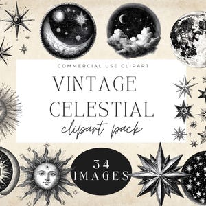 Pacchetto Clipart Celestiale Vintage / Illustrazioni di Sole, Luna, Stelle / Astrologia, Mistico, Cosmico, Boho, Retro, Grafica Spaziale / Uso Commerciale