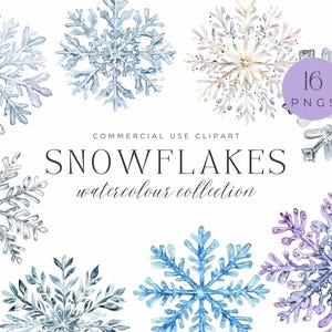 Colección de imágenes prediseñadas de copos de nieve en acuarela: ilustraciones invernales, uso comercial, manualidades navideñas, bodas de invierno, invitaciones congeladas