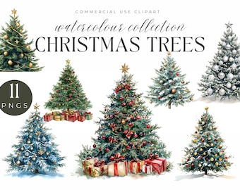 May include: Watercolor collection of Christmas trees. The image features various decorated evergreen trees with ornaments, gifts, and star toppers. The text "CHRISTMAS TREES" is displayed in a decorative font, along with "COMMERCIAL USE CLIPART" and "watercolour collection".