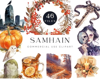 Samhain Clipart, Watercolor Halloween Graphics, Pagan Fall Decor (Digital Download)
