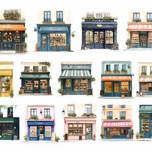 Op de afbeelding: Waterverfillustratie van diverse Europese winkelpuien. De winkels hebben luifels, gedetailleerde gevels en etalages. Sommige hebben schoolborden en bloembakken, wat een charmante, vintage esthetiek cre&euml;ert.