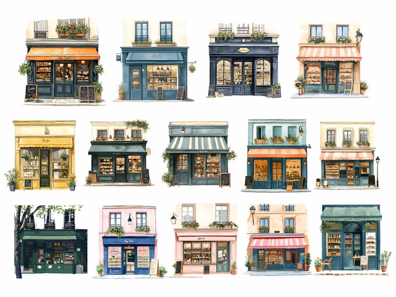 Op de afbeelding: Waterverfillustratie van diverse Europese winkelpuien. De winkels hebben luifels, gedetailleerde gevels en etalages. Sommige hebben schoolborden en bloembakken, wat een charmante, vintage esthetiek cre&euml;ert.