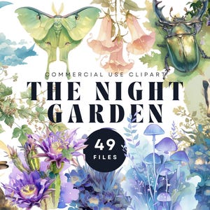 Clipart jardin de nuit, jardin au clair de lune, illustrations d'animaux sauvages, forêt magique, animaux nocturnes, art numérique, fleurs nocturnes