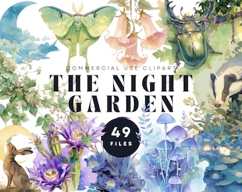 Puede incluir: Un conjunto de 49 ilustraciones digitales de estilo acuarela que representan un jardín nocturno de ensueño. El conjunto incluye un tejón, un escarabajo, una polilla, setas, flores y un conejo. El texto "The Night Garden" aparece en el centro de la imagen.