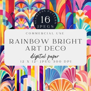 May include: A set of 16 digital papers featuring colorful geometric patterns in an Art Deco style. The patterns are seamless and come in a variety of colors, including red, orange, yellow, green, blue, purple, and pink. The papers are 12 inches by 12 inches and have a resolution of 300 DPI. They are perfect for use in scrapbooking, card making, digital design, and other creative projects.